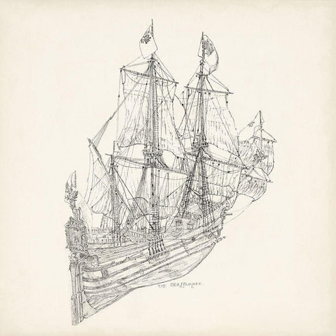 Antique Ship Sketch III White Modern Wood Framed Art Print with Double Matting by Foust, Richard