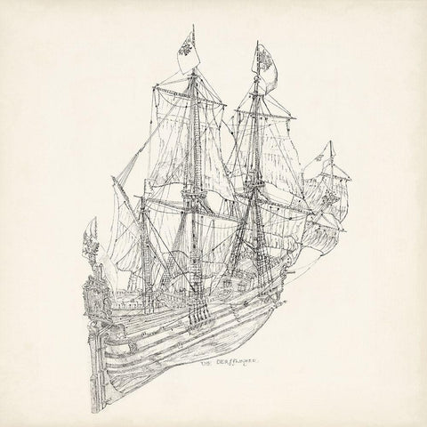 Antique Ship Sketch III Black Modern Wood Framed Art Print by Foust, Richard