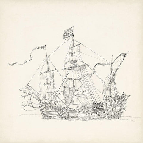 Antique Ship Sketch VI Black Modern Wood Framed Art Print by Foust, Richard