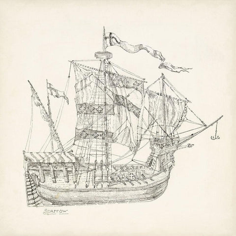 Antique Ship Sketch VIII Gold Ornate Wood Framed Art Print with Double Matting by Foust, Richard