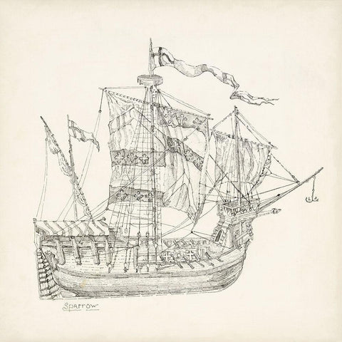 Antique Ship Sketch VIII White Modern Wood Framed Art Print with Double Matting by Foust, Richard