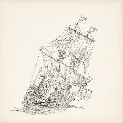 Antique Ship Sketch XI White Modern Wood Framed Art Print by Foust, Richard