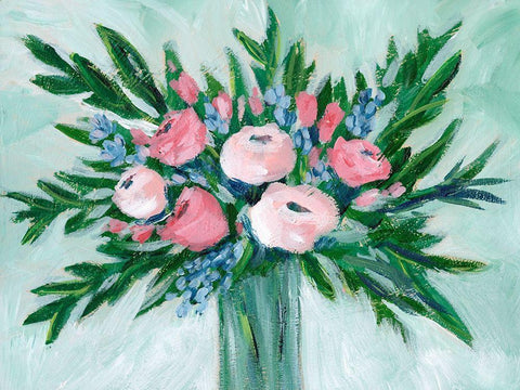 Pink Rosette Bouquet I White Modern Wood Framed Art Print with Double Matting by Moore, Regina