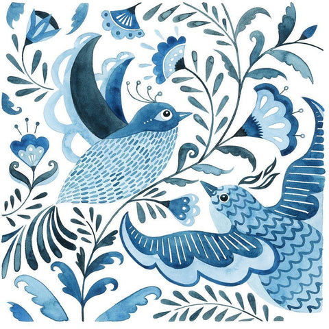 Blue Bird Folk I White Modern Wood Framed Art Print with Double Matting by Popp, Grace