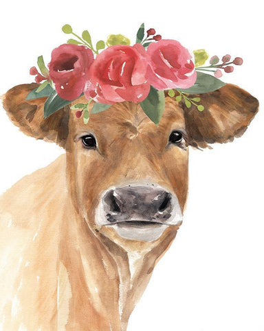 Flowered Cow I White Modern Wood Framed Art Print with Double Matting by Warren, Annie