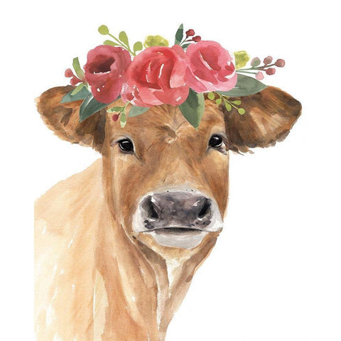 Flowered Cow I Black Modern Wood Framed Art Print with Double Matting by Warren, Annie