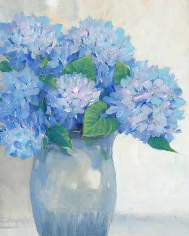 Blue Hydrangeas in Vase I White Modern Wood Framed Art Print with Double Matting by OToole, Tim