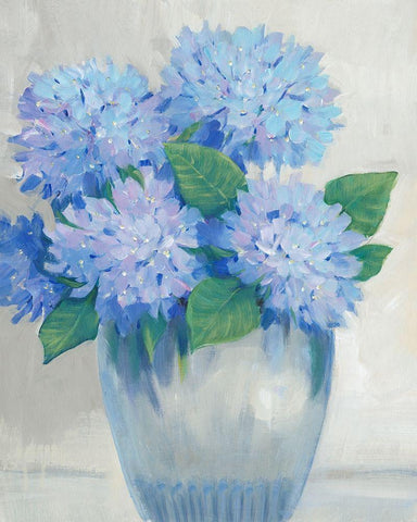 Blue Hydrangeas in Vase II White Modern Wood Framed Art Print with Double Matting by OToole, Tim