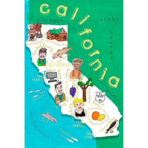 Illustrated State Maps California Black Modern Wood Framed Art Print with Double Matting by Daly, Carla