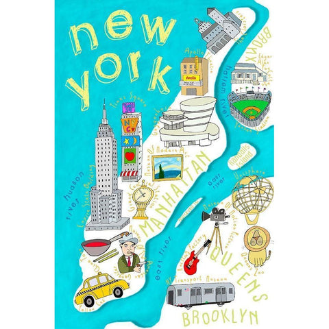 Illustrated State Maps New York White Modern Wood Framed Art Print by Daly, Carla