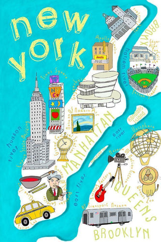 Illustrated State Maps New York White Modern Wood Framed Art Print with Double Matting by Daly, Carla