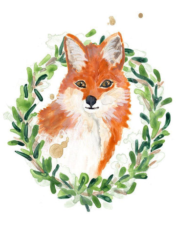 Woodland Holiday Fox White Modern Wood Framed Art Print with Double Matting by Vess, June Erica