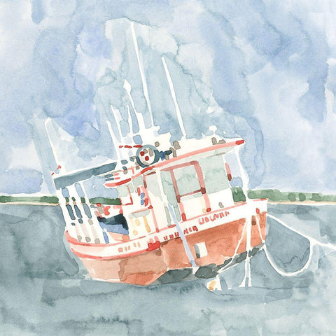 Bright Fishing Boat I White Modern Wood Framed Art Print with Double Matting by Caroline, Emma