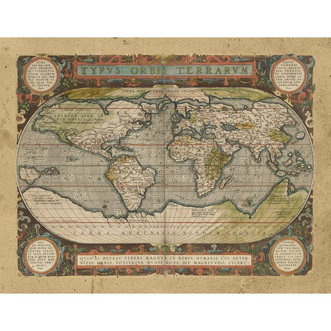 Embellished Antique World Map Gold Ornate Wood Framed Art Print with Double Matting by Vision Studio