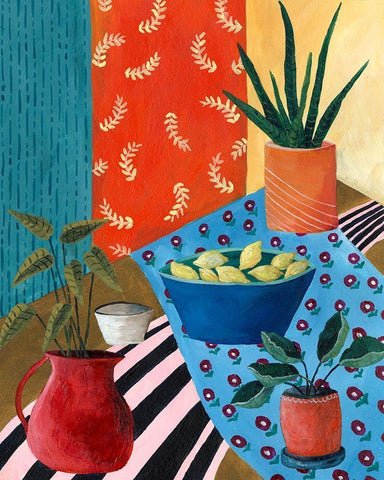 Colorful Tablescape I White Modern Wood Framed Art Print with Double Matting by Moore, Regina