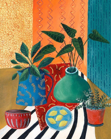 Colorful Tablescape II White Modern Wood Framed Art Print with Double Matting by Moore, Regina