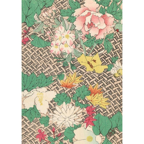 Japanese Floral Design IV Black Modern Wood Framed Art Print with Double Matting by Furuya, Korin