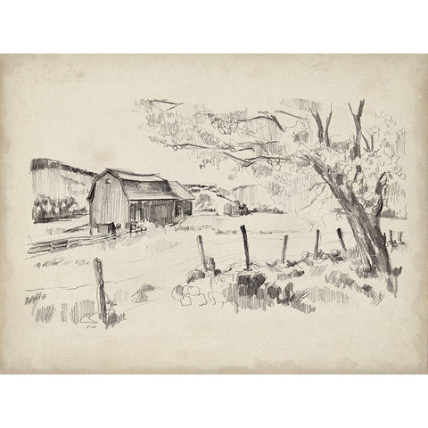 Sketched Barn View II Black Modern Wood Framed Art Print with Double Matting by Parker, Jennifer Paxton