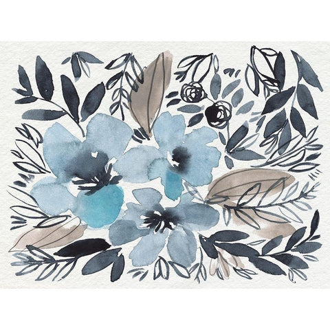 Blue and Paynes Blooms II White Modern Wood Framed Art Print by Goldberger, Jennifer