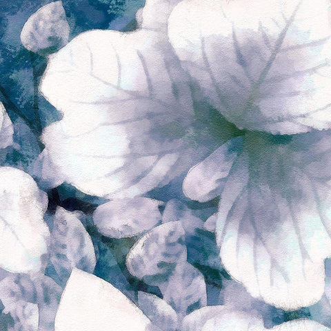 Blue Shaded Leaves I White Modern Wood Framed Art Print with Double Matting by Saunders, Alonzo