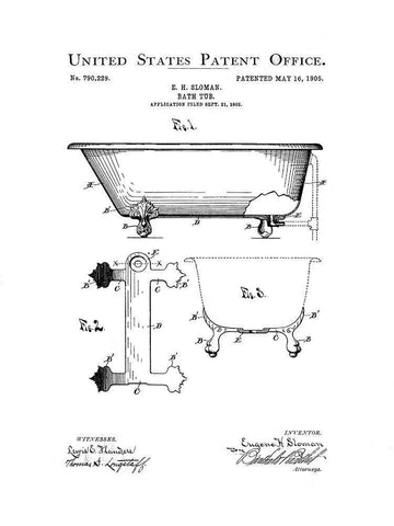 Bath Time Patents I Black Ornate Wood Framed Art Print with Double Matting by Studio W