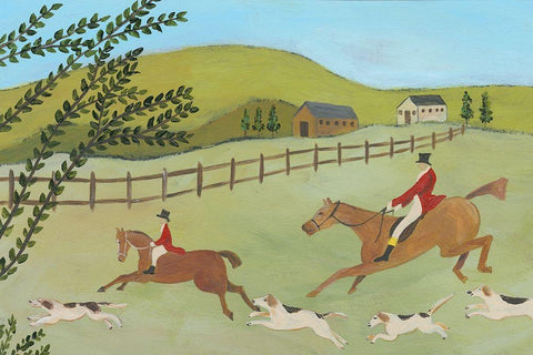 Folk Art Fox Hunt I White Modern Wood Framed Art Print with Double Matting by Moore, Regina