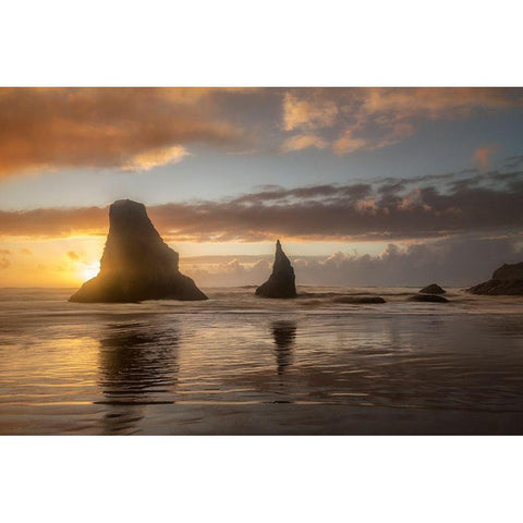 Sunset Sea Stacks Gold Ornate Wood Framed Art Print with Double Matting by Head, Danny