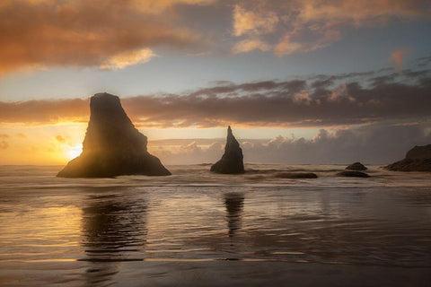 Sunset Sea Stacks White Modern Wood Framed Art Print with Double Matting by Head, Danny