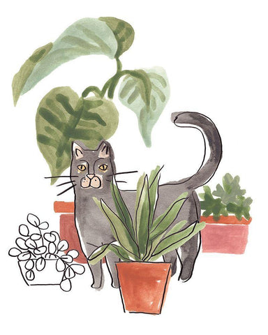 Purrfect Plants I White Modern Wood Framed Art Print with Double Matting by Vess, June Erica