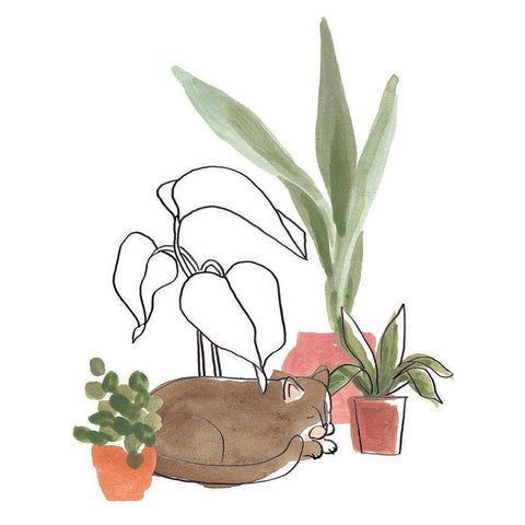 Purrfect Plants III Black Modern Wood Framed Art Print with Double Matting by Vess, June Erica