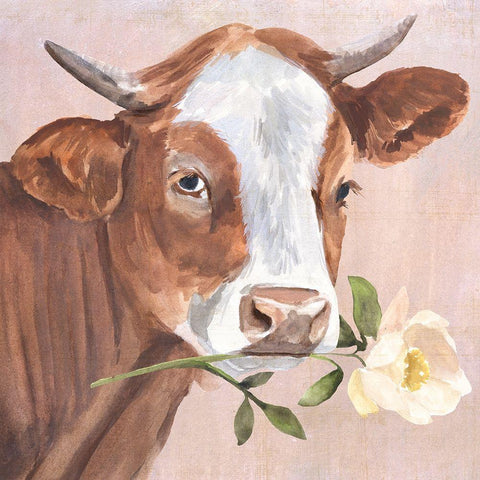 Peony Cow II Black Ornate Wood Framed Art Print with Double Matting by Warren, Annie