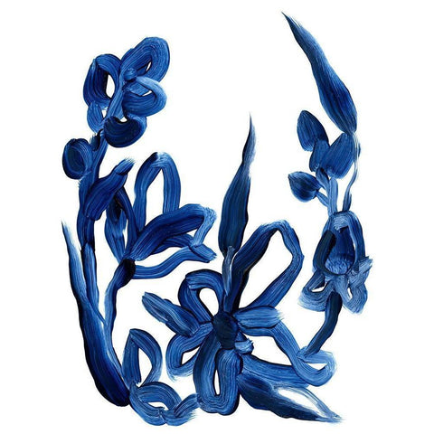 Indigo Brush Blooms II White Modern Wood Framed Art Print by Vess, June Erica