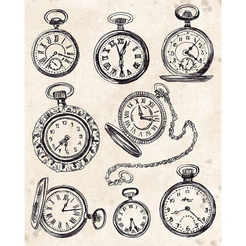 Pocket Watch Sketches I Gold Ornate Wood Framed Art Print with Double Matting by Vess, June Erica