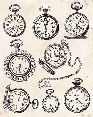 Pocket Watch Sketches I White Modern Wood Framed Art Print with Double Matting by Vess, June Erica