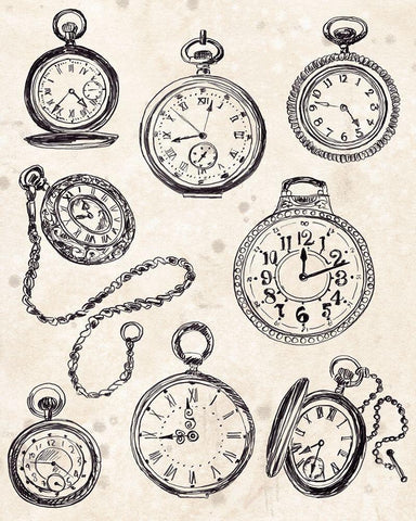 Pocket Watch Sketches II Black Ornate Wood Framed Art Print with Double Matting by Vess, June Erica