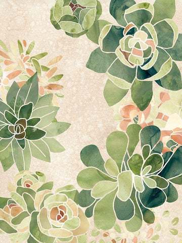 Stained Glass Succulents II White Modern Wood Framed Art Print with Double Matting by Vess, June Erica