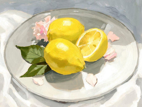 Lemons on a Plate I White Modern Wood Framed Art Print with Double Matting by Barnes, Victoria