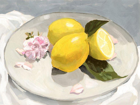 Lemons on a Plate II White Modern Wood Framed Art Print with Double Matting by Barnes, Victoria