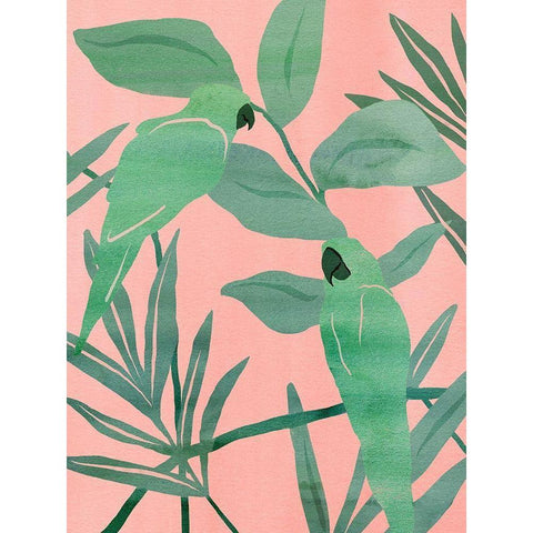 Pink and Green Birds of Paradise I Black Modern Wood Framed Art Print with Double Matting by Wang, Melissa