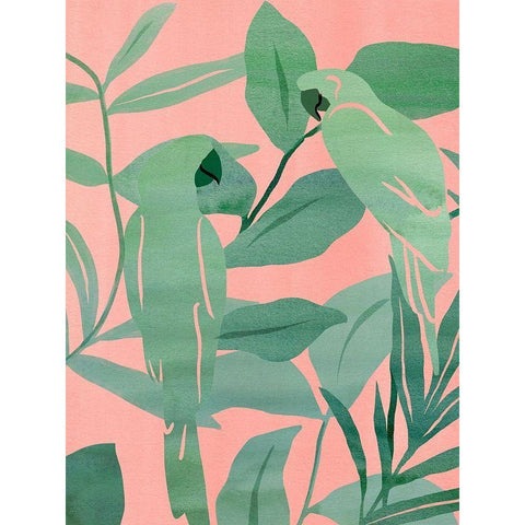 Pink and Green Birds of Paradise II Black Modern Wood Framed Art Print with Double Matting by Wang, Melissa