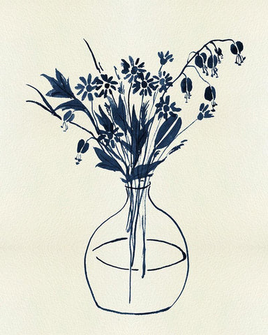 Indigo Floral Vase I White Modern Wood Framed Art Print with Double Matting by Wang, Melissa