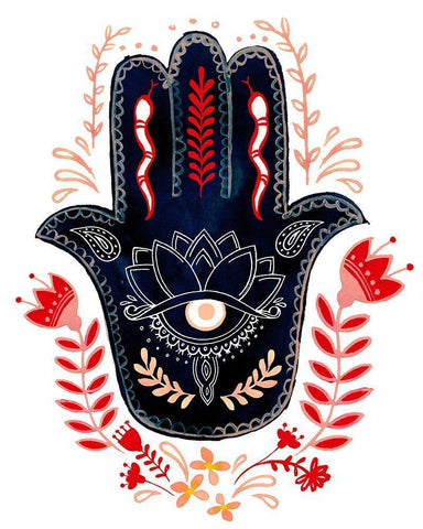 Folk Hand Hamsa I White Modern Wood Framed Art Print with Double Matting by Parker, Jennifer Paxton