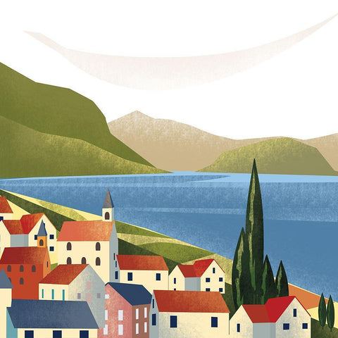 Illustrated Italian Landscape VIII White Modern Wood Framed Art Print by Arctic Frame