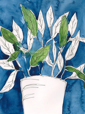 Green Leaves in Pots I White Modern Wood Framed Art Print with Double Matting by Moore, Regina