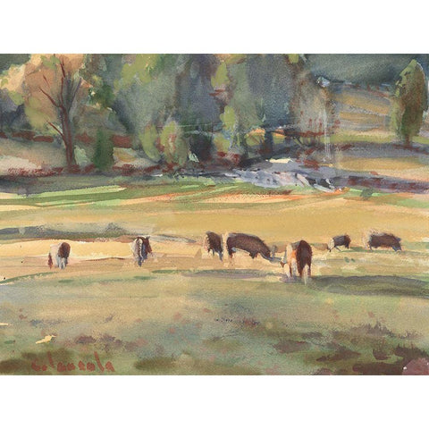 Grazing Cows Watercolor Black Modern Wood Framed Art Print with Double Matting by Calcasola, Stephen