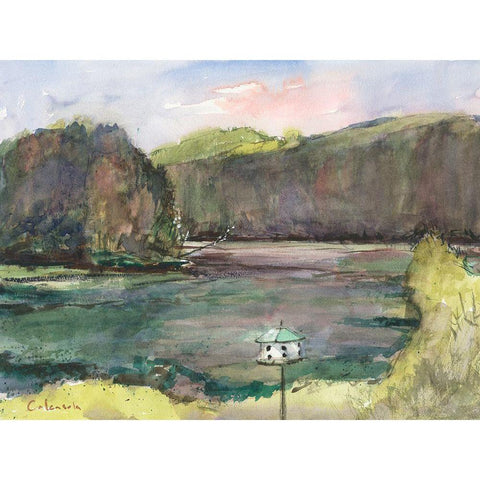 Lakehouse View Black Modern Wood Framed Art Print by Calcasola, Stephen