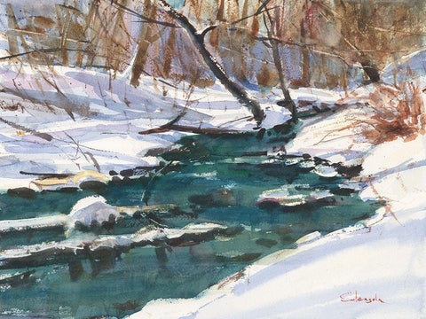 Winter Stream Black Ornate Wood Framed Art Print with Double Matting by Calcasola, Stephen