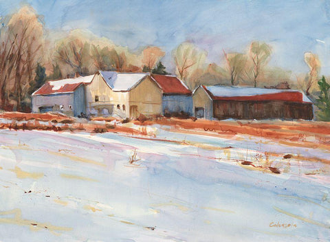 Winter Farm White Modern Wood Framed Art Print with Double Matting by Calcasola, Stephen