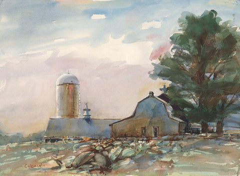 Connecticut Valley Farm White Modern Wood Framed Art Print with Double Matting by Calcasola, Stephen