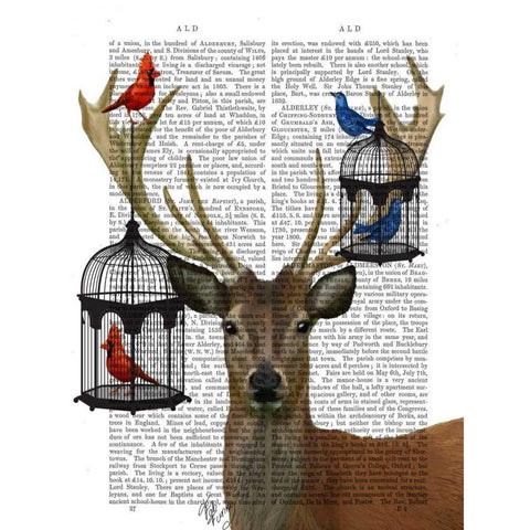 Deer and Bird Cages White Modern Wood Framed Art Print by Fab Funky